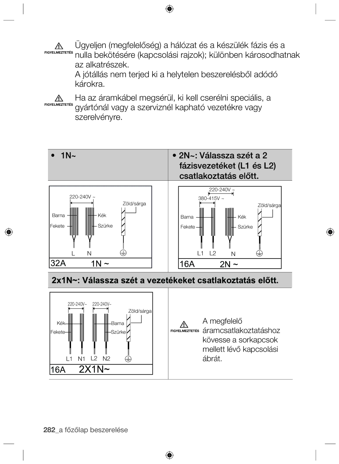 Samsung NZ63F3NM1AB/UR manual 16A 2X1N~, 2x1N~ Válassza szét a vezetékeket csatlakoztatás előtt 