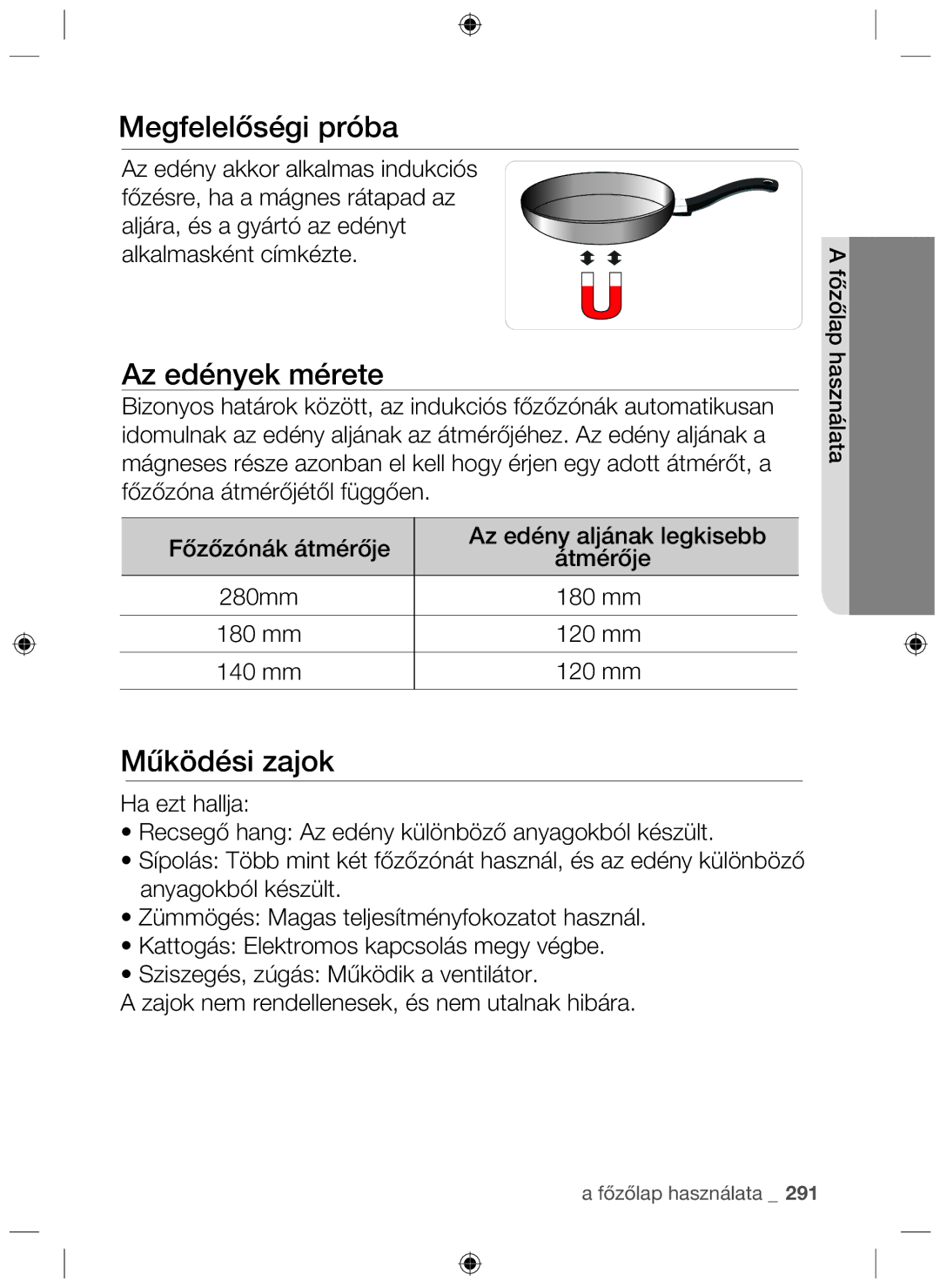 Samsung NZ63F3NM1AB/UR manual Megfelelőségi próba, Az edények mérete, Működési zajok 