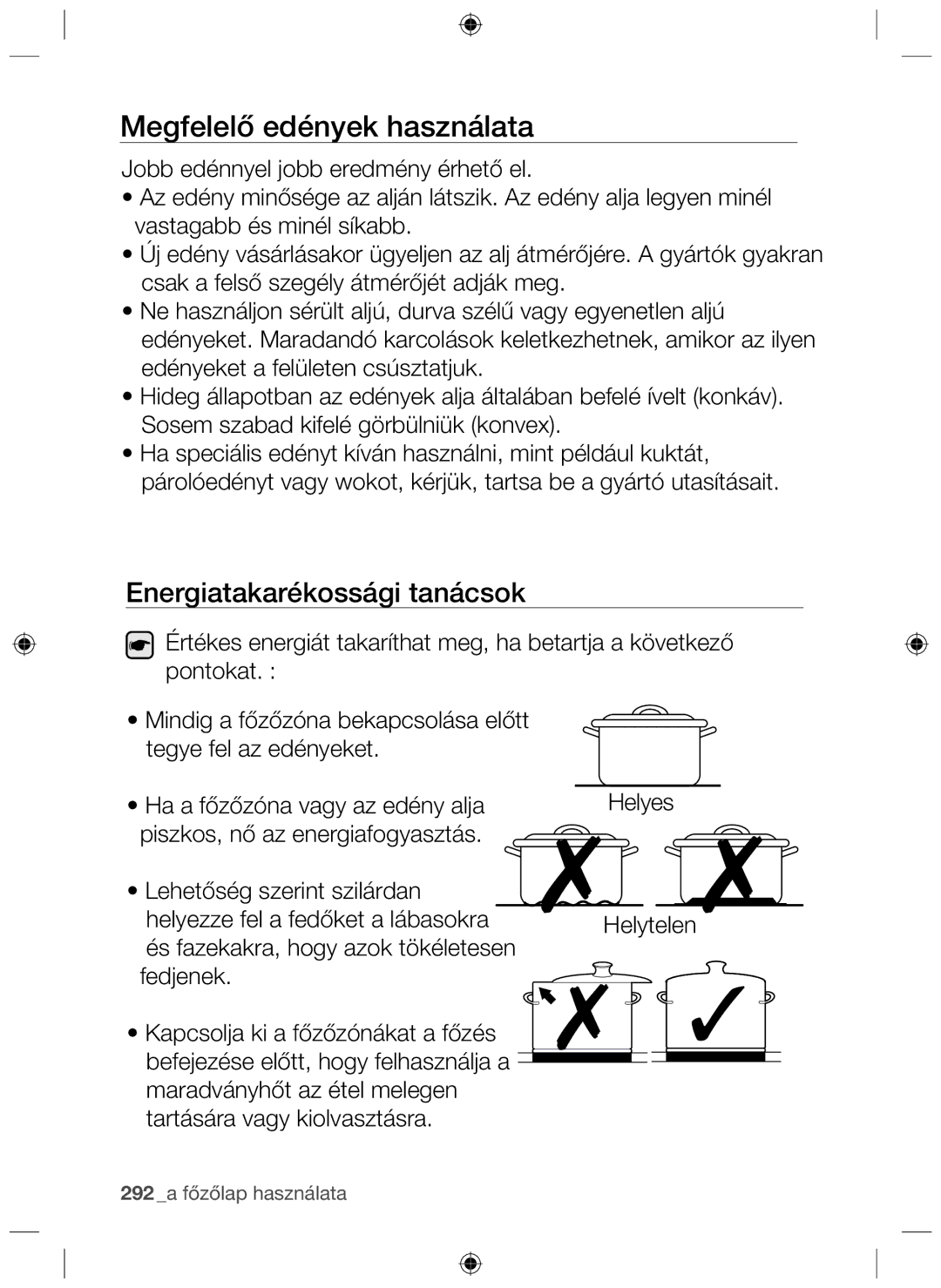 Samsung NZ63F3NM1AB/UR manual Megfelelő edények használata, Energiatakarékossági tanácsok 