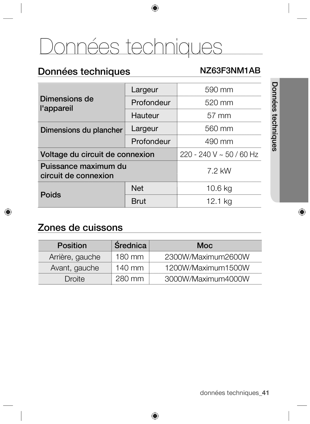 Samsung NZ63F3NM1AB/UR manual Données techniques, Zones de cuissons 