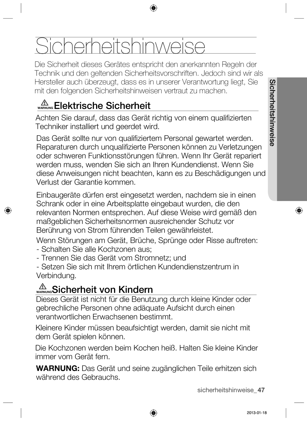 Samsung NZ63F3NM1AB/UR manual Sicherheitshinweise, Warnung Elektrische Sicherheit, WARNUNGSicherheit von Kindern 