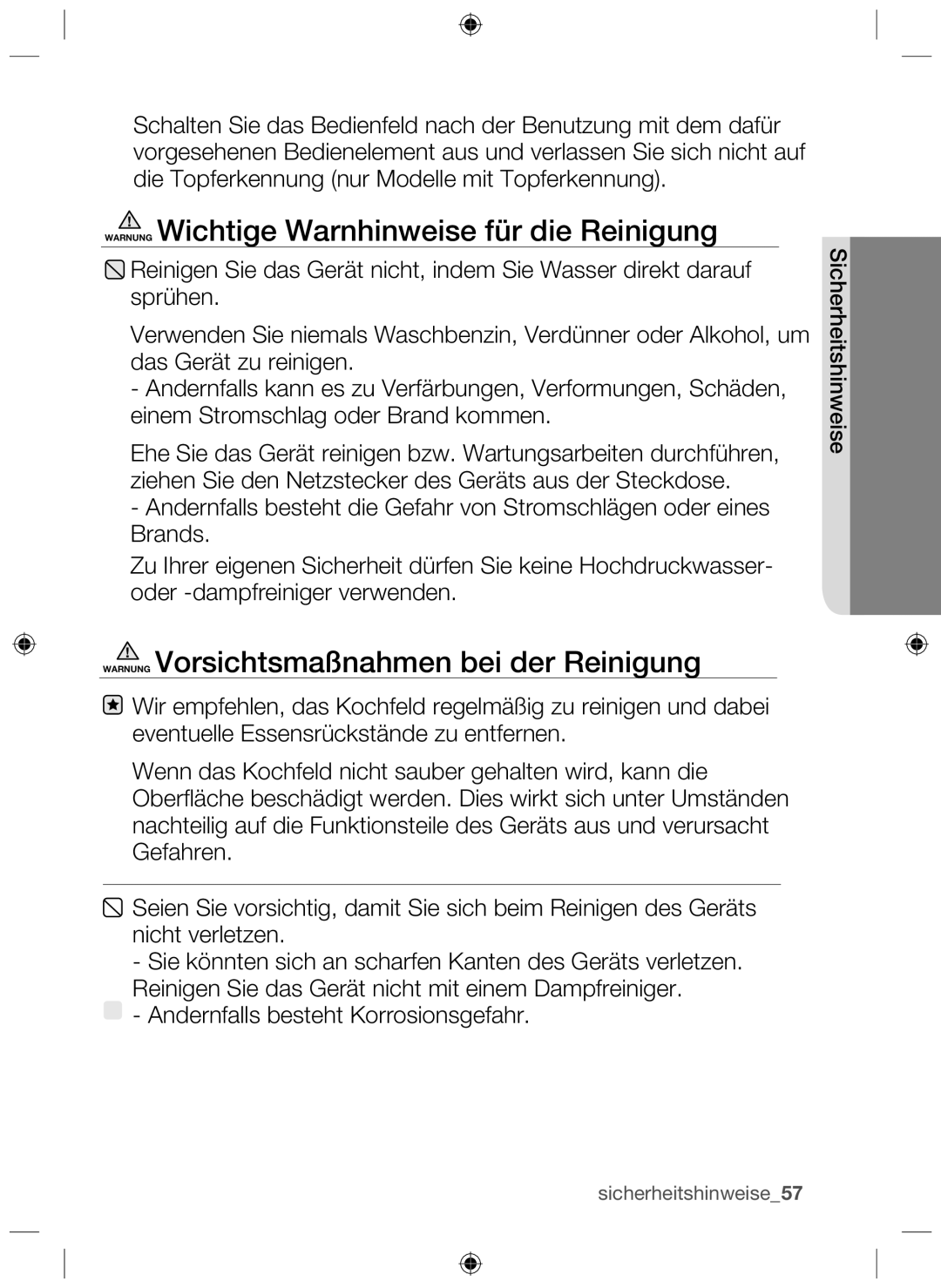 Samsung NZ63F3NM1AB/UR manual Warnung Wichtige Warnhinweise für die Reinigung, Warnung Vorsichtsmaßnahmen bei der Reinigung 