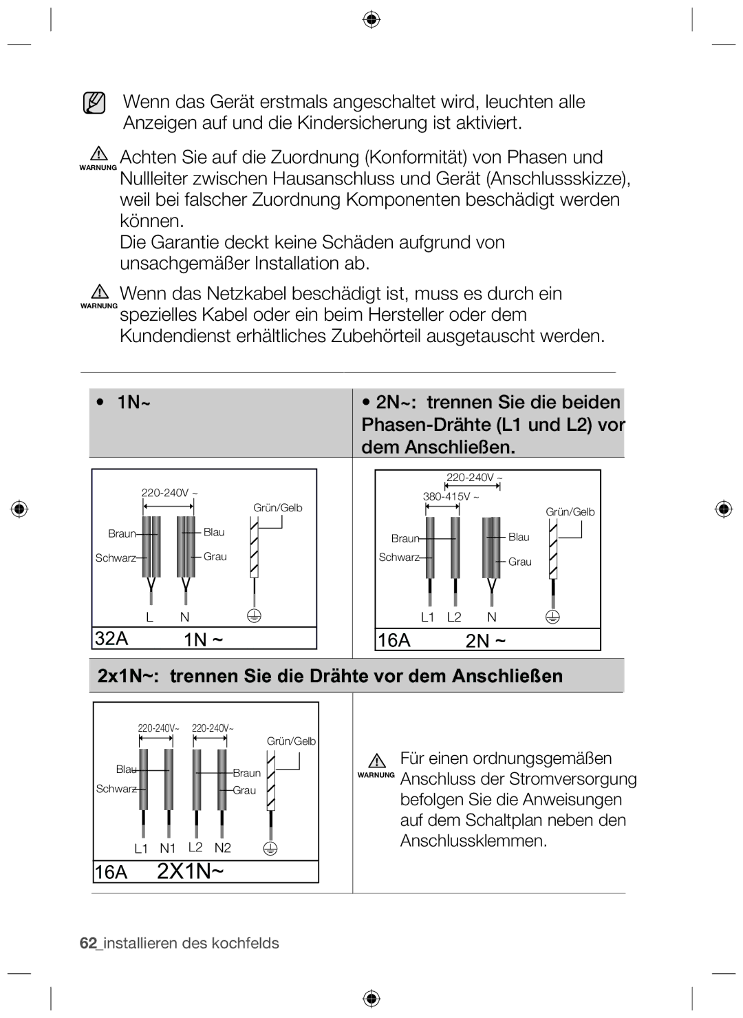 Samsung NZ63F3NM1AB/UR manual 16A 2X1N~, 2x1N~ trennen Sie die Drähte vor dem Anschließen 