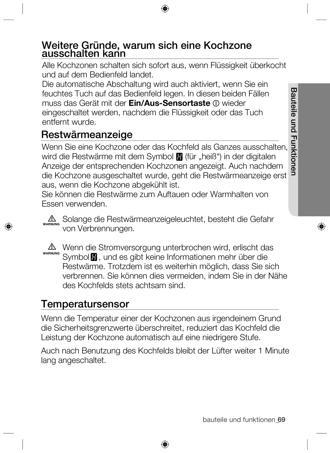 Samsung NZ63F3NM1AB/UR manual Weitere Gründe, warum sich eine Kochzone ausschalten kann, Restwärmeanzeige, Temperatursensor 