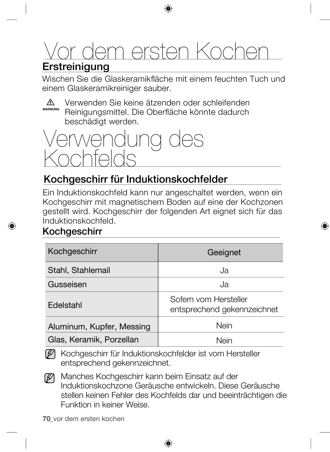 Samsung NZ63F3NM1AB/UR manual Vor dem ersten Kochen, Verwendung des Kochfelds, Erstreinigung, Kochgeschirr 