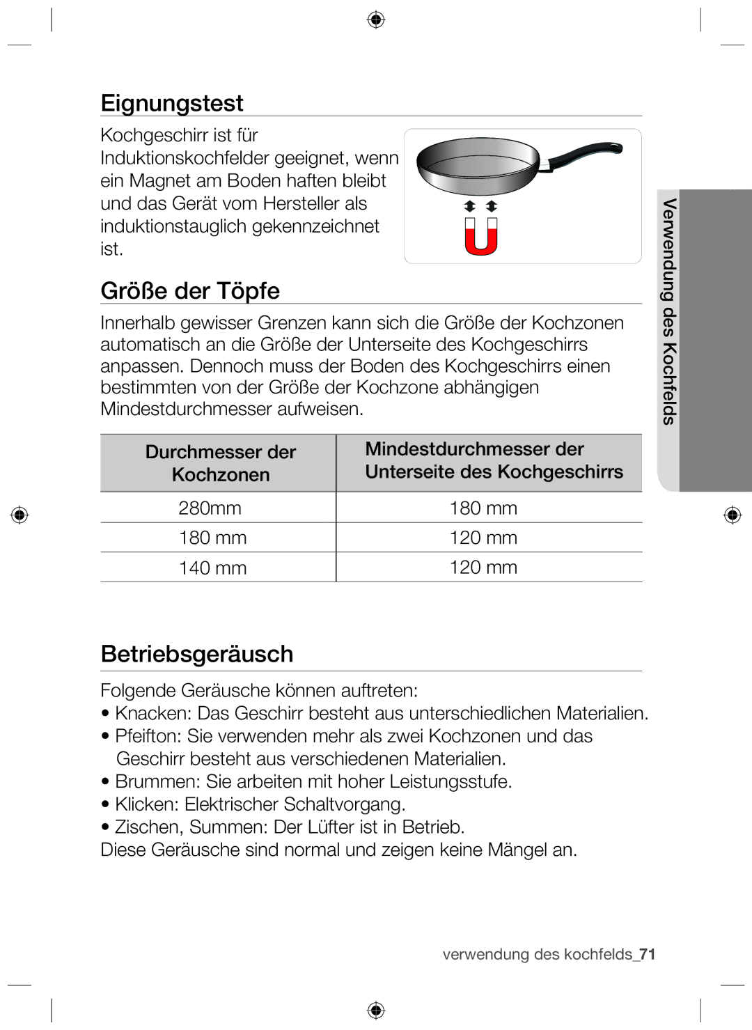 Samsung NZ63F3NM1AB/UR manual Eignungstest, Größe der Töpfe, Betriebsgeräusch 