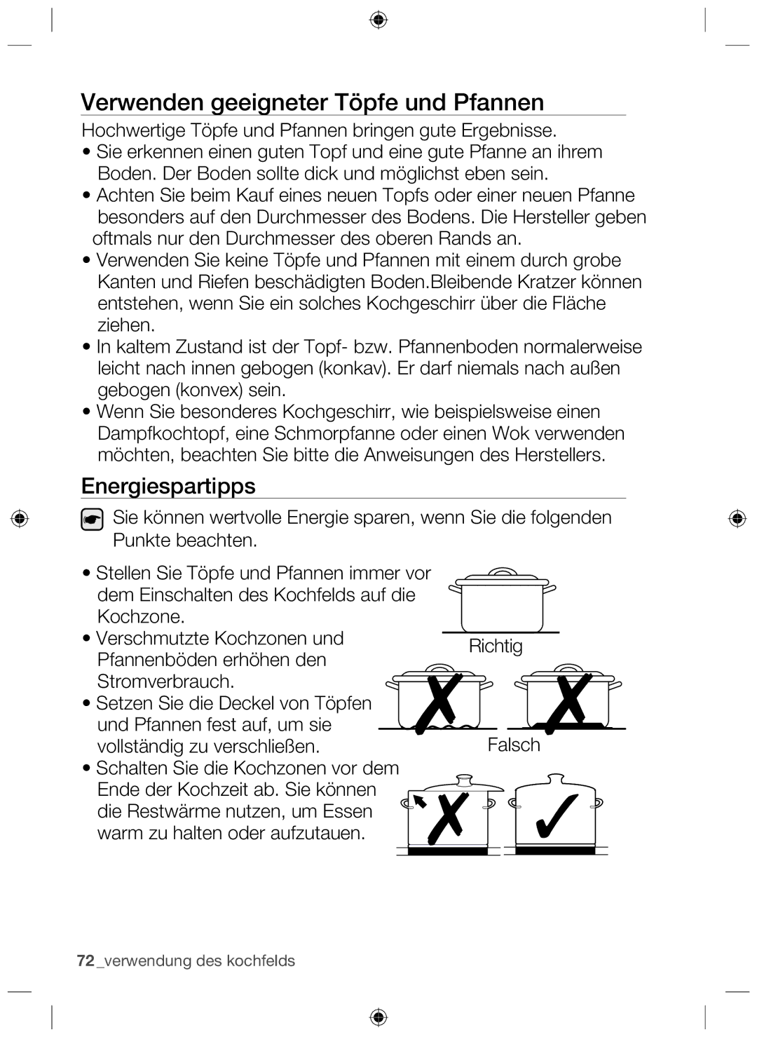 Samsung NZ63F3NM1AB/UR manual Verwenden geeigneter Töpfe und Pfannen, Energiespartipps 