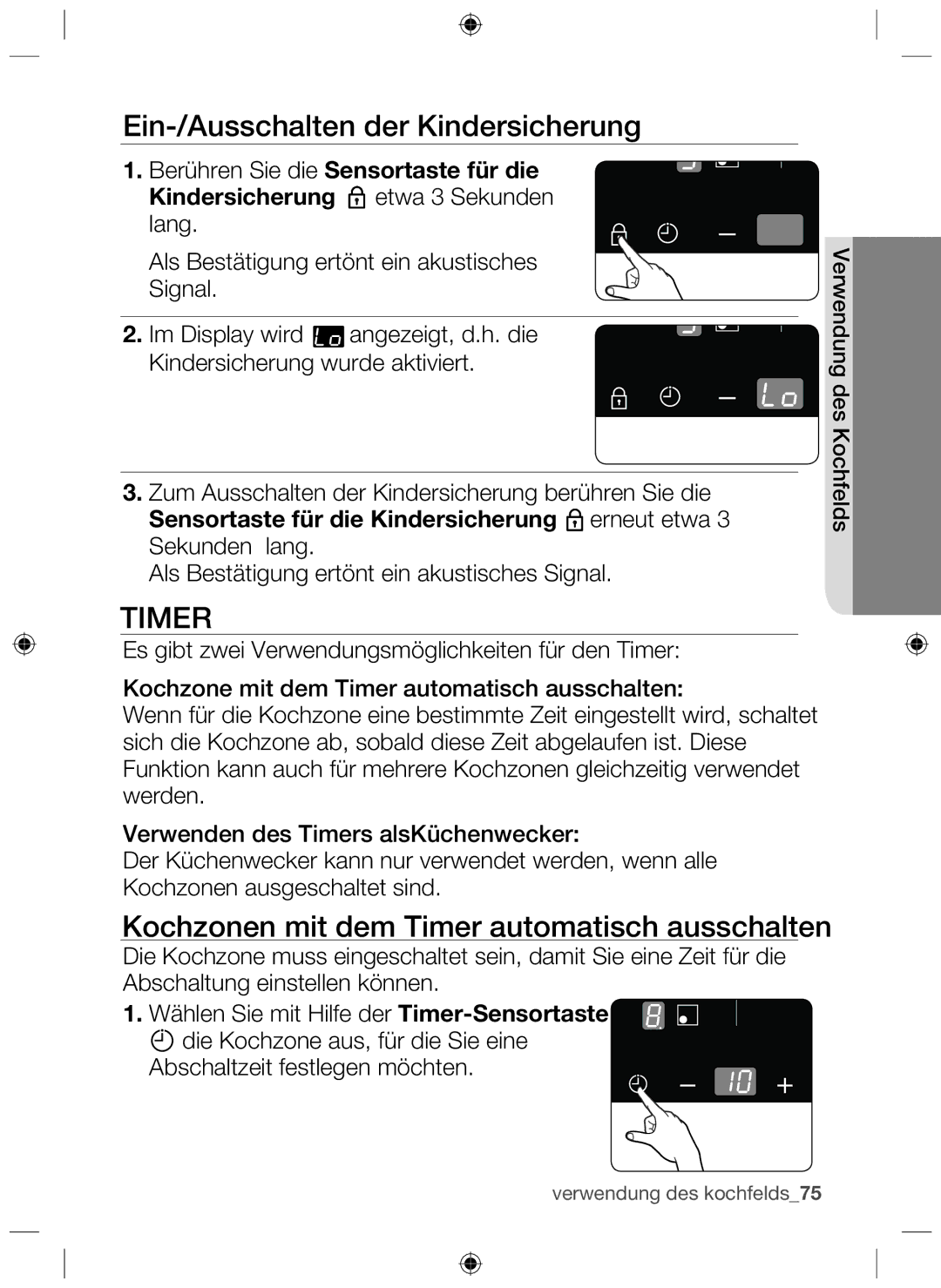 Samsung NZ63F3NM1AB/UR manual Ein-/Ausschalten der Kindersicherung, Kochzonen mit dem Timer automatisch ausschalten 