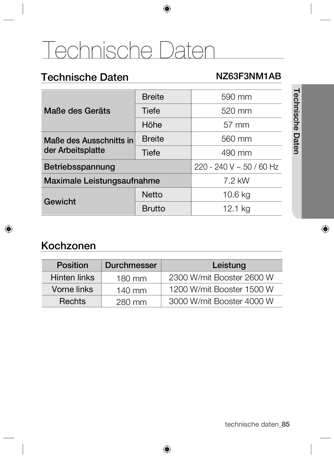 Samsung NZ63F3NM1AB/UR manual Technische Daten, Kochzonen 