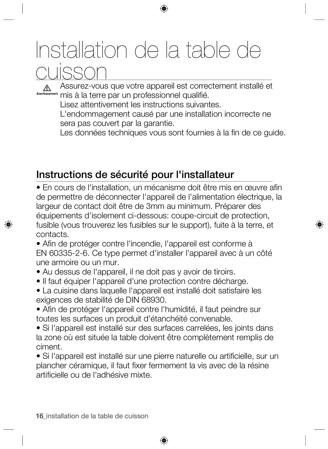 Samsung NZ63H37070K/EF manual Installation de la table de cuisson, Instructions de sécurité pour linstallateur 