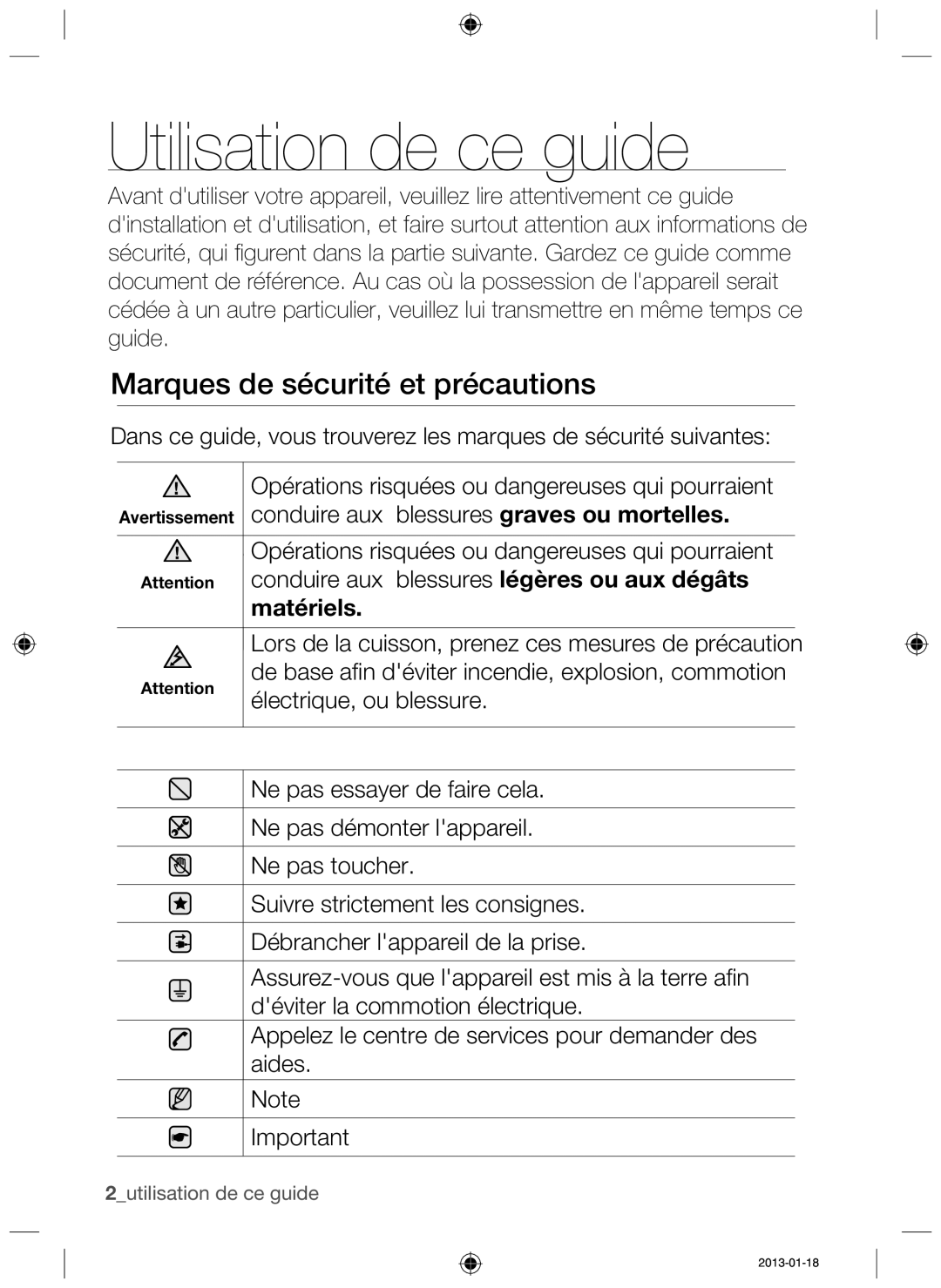 Samsung NZ63H37070K/EF manual Utilisation de ce guide, Marques de sécurité et précautions 