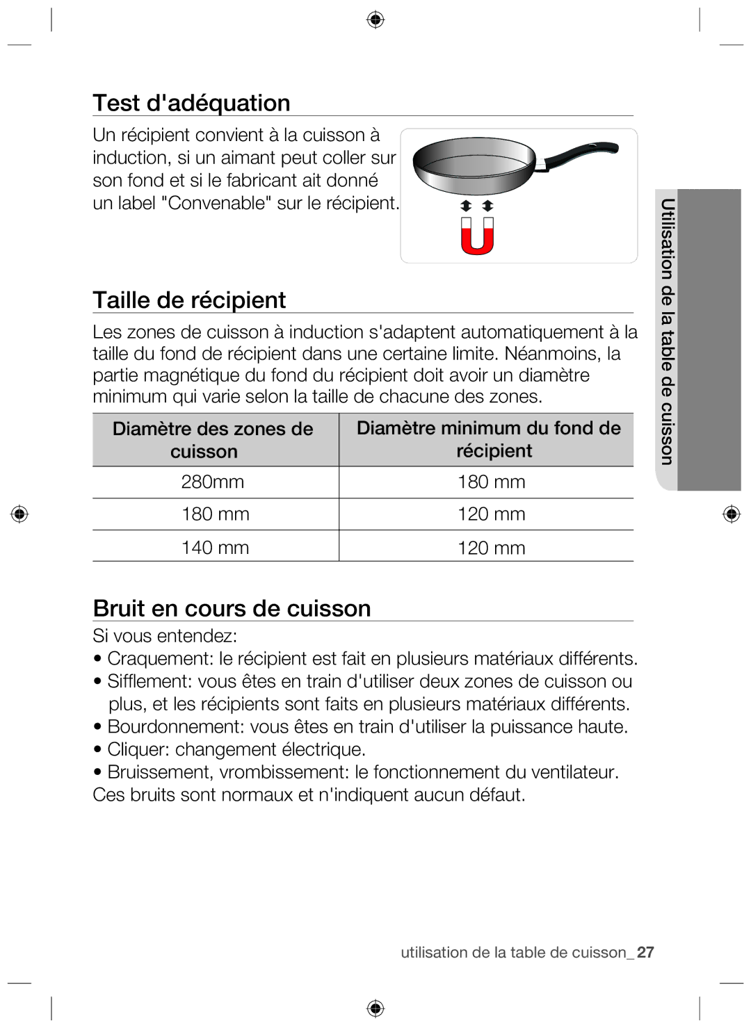 Samsung NZ63H37070K/EF manual Test dadéquation, Taille de récipient, Bruit en cours de cuisson 