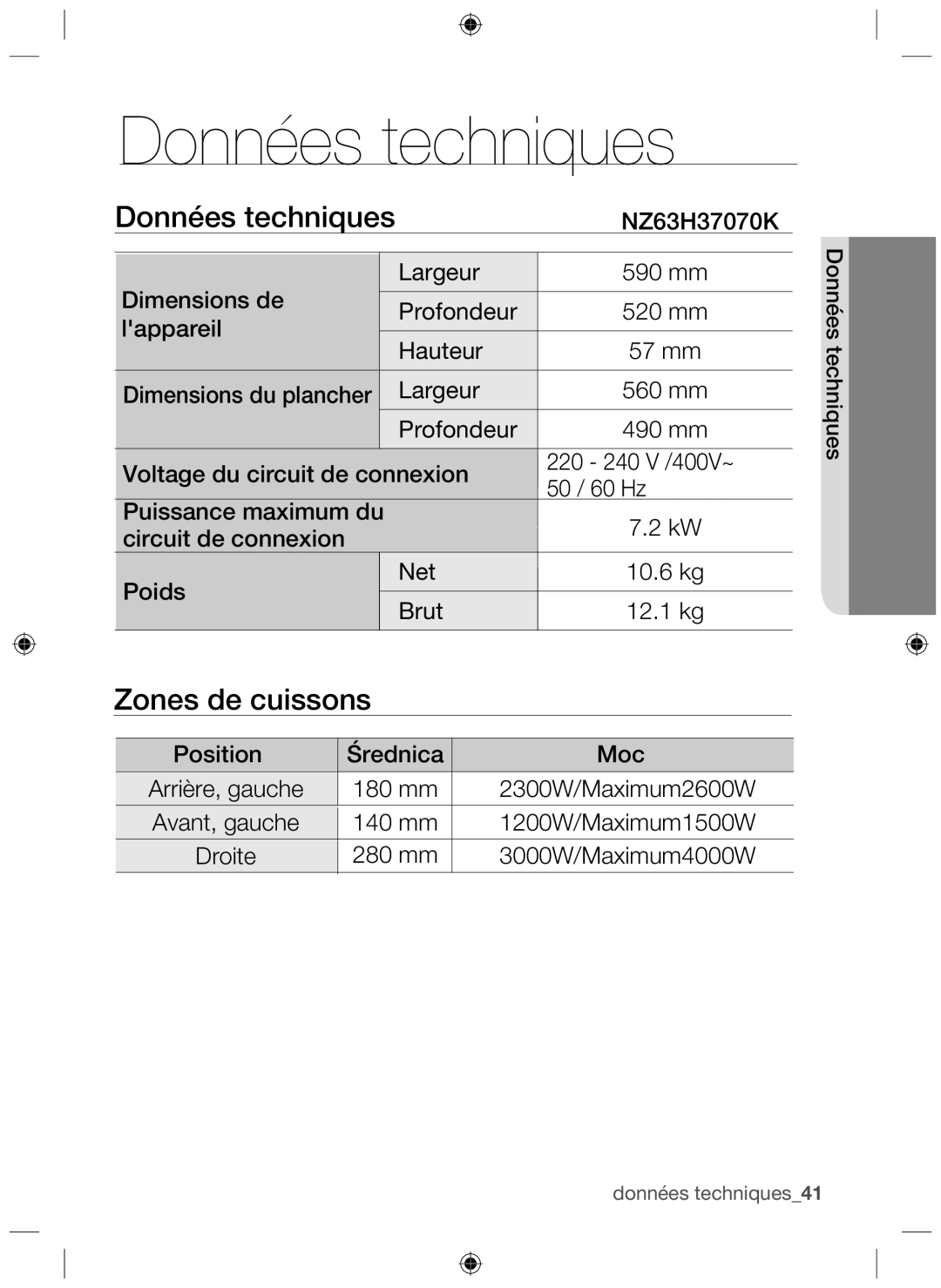 Samsung NZ63H37070K/EF manual Données techniques, Zones de cuissons 