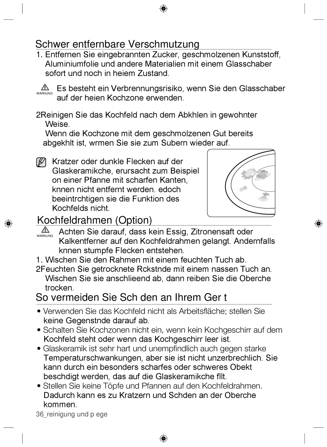 Samsung NZ63H37070K/EF Schwer entfernbare Verschmutzung, Kochfeldrahmen Option, So vermeiden Sie Schäden an Ihrem Gerät 