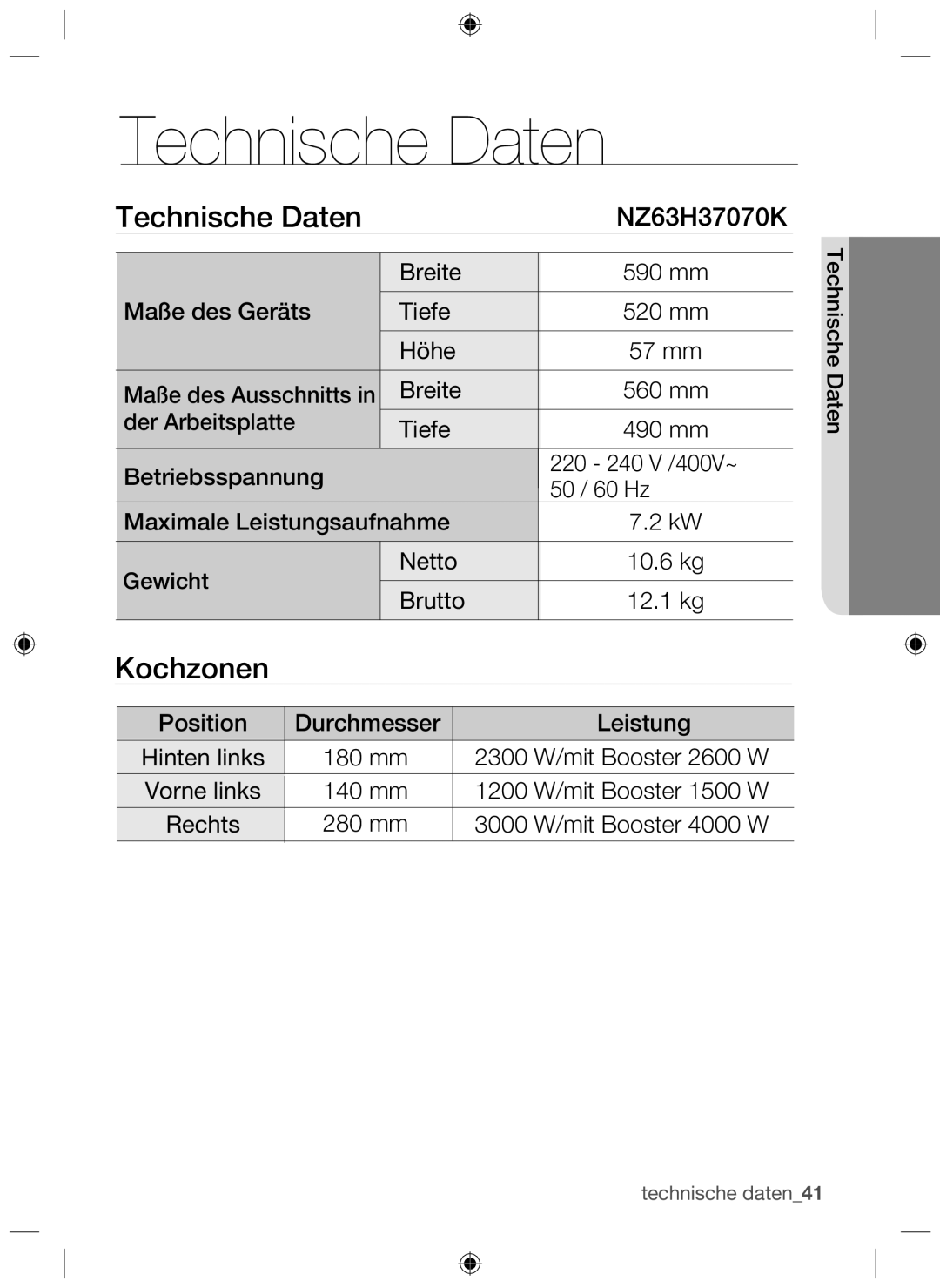 Samsung NZ63H37070K/EF manual Technische Daten 