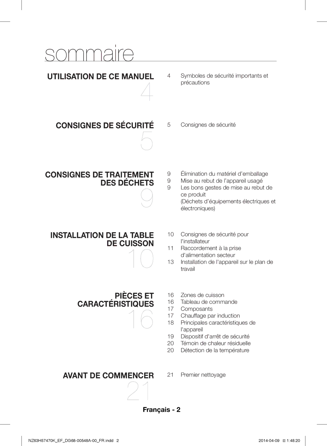 Samsung NZ63H57473K/EF, NZ63H57470K/EF manual Sommaire, Utilisation DE CE Manuel Consignes DE Sécurité 