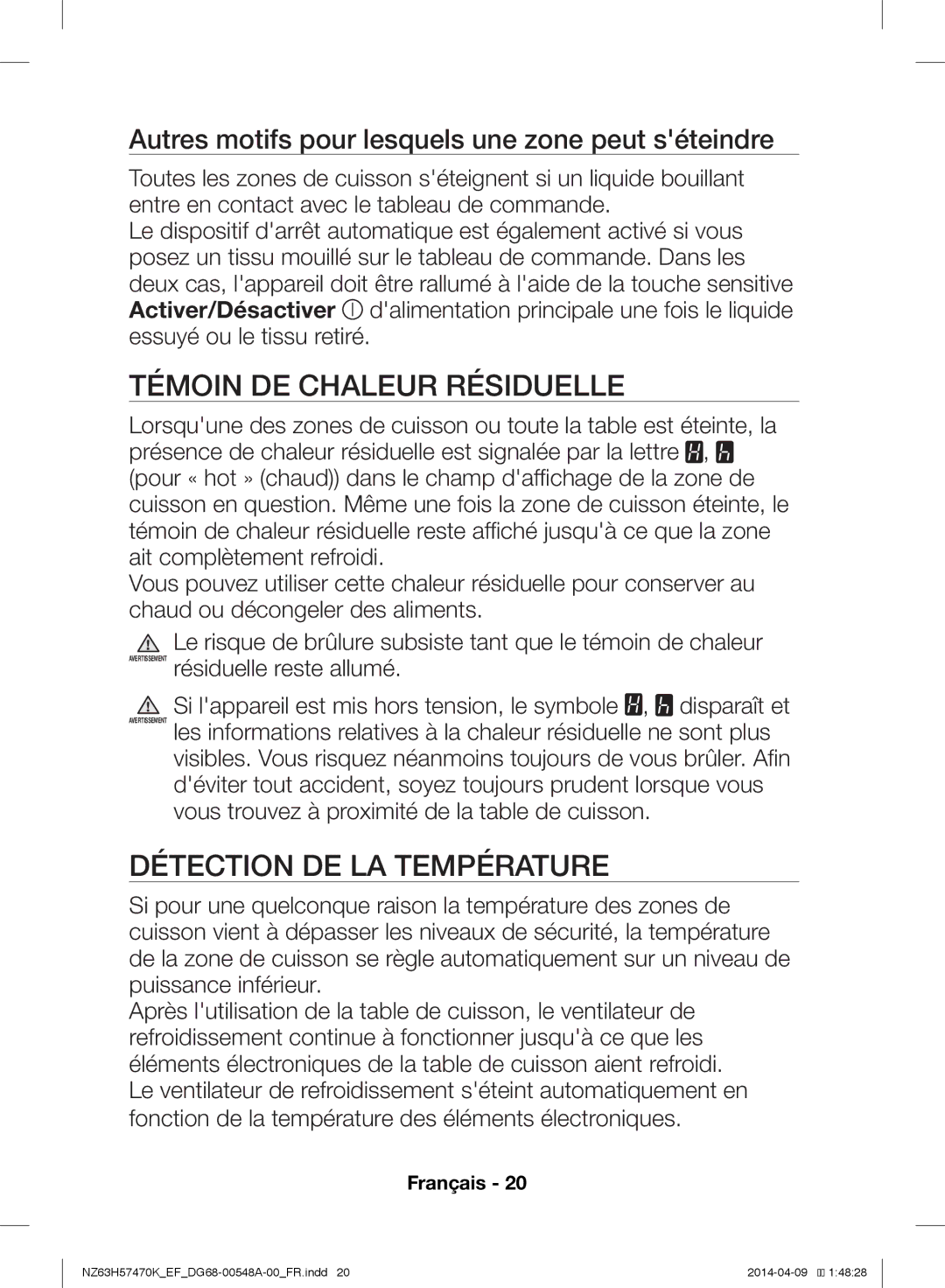 Samsung NZ63H57473K/EF, NZ63H57470K/EF manual Témoin DE Chaleur Résiduelle, Détection DE LA Température 