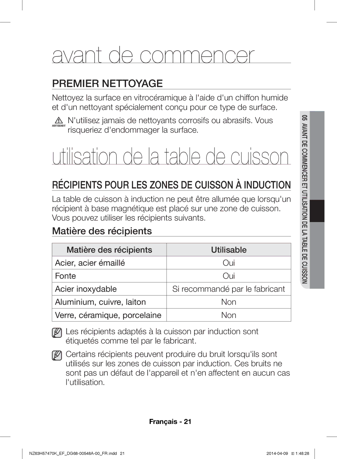 Samsung NZ63H57470K/EF, NZ63H57473K/EF manual Avant de commencer, Premier Nettoyage, Matière des récipients 