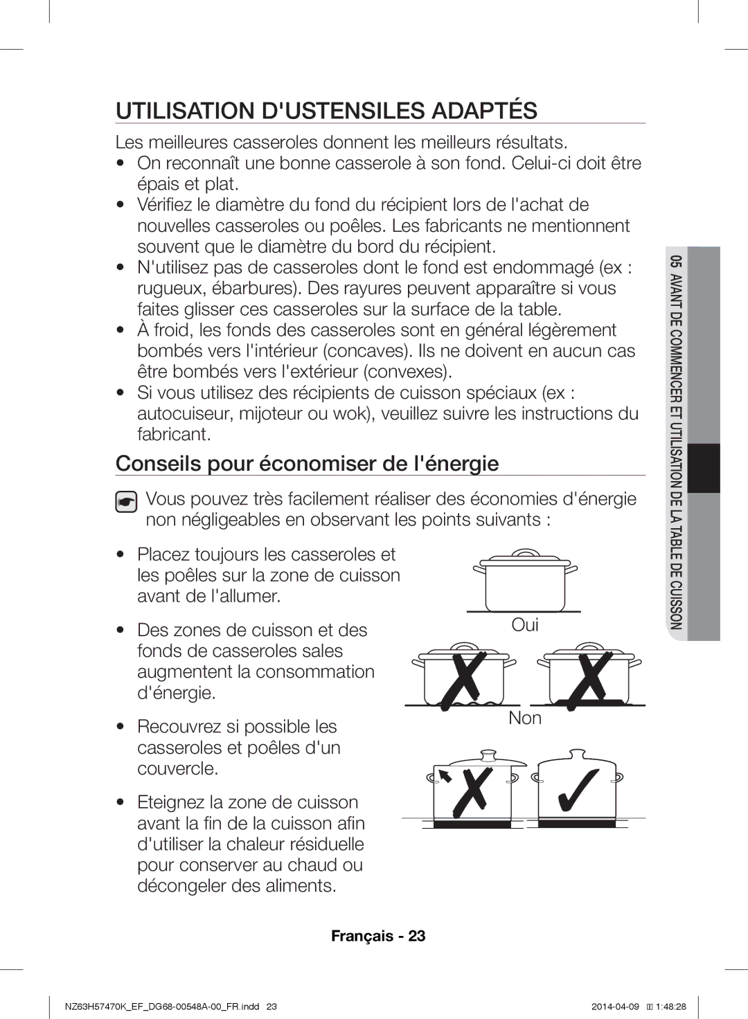 Samsung NZ63H57470K/EF, NZ63H57473K/EF manual Utilisation Dustensiles Adaptés, Conseils pour économiser de lénergie 