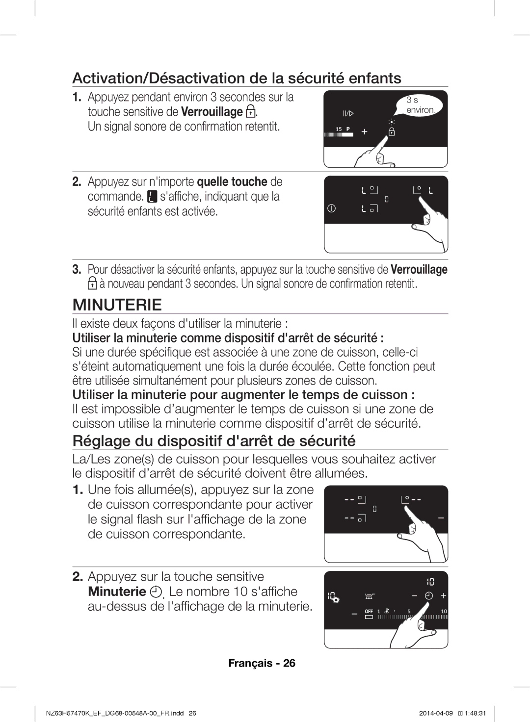 Samsung NZ63H57473K/EF, NZ63H57470K/EF manual Minuterie, Activation/Désactivation de la sécurité enfants 