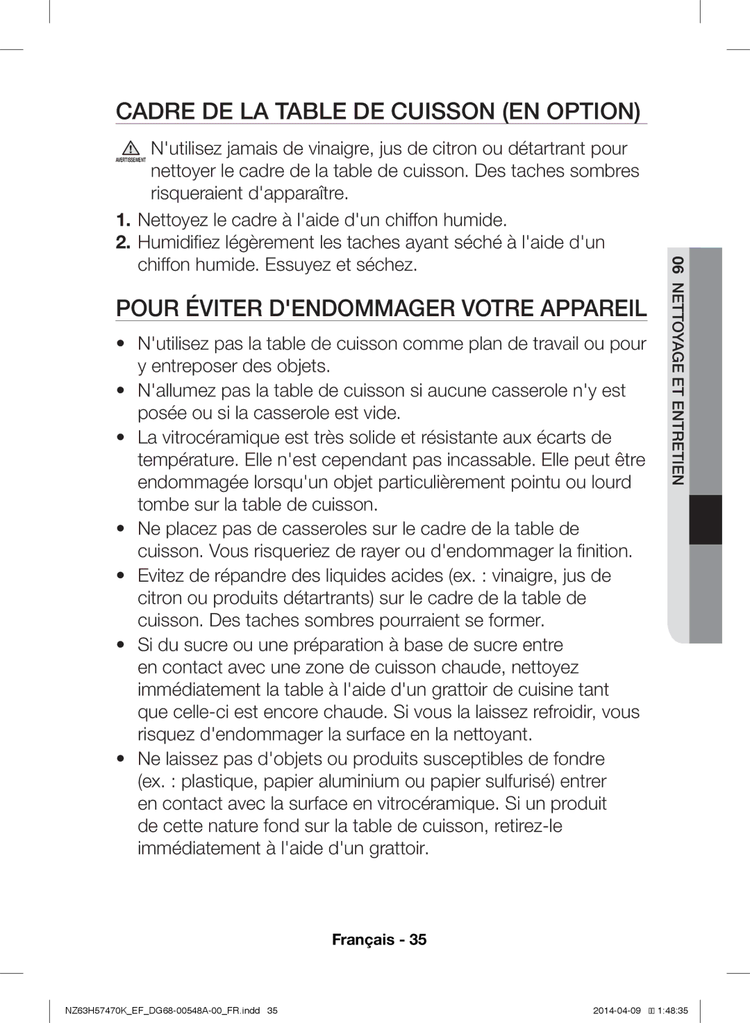 Samsung NZ63H57470K/EF, NZ63H57473K/EF manual Cadre DE LA Table DE Cuisson EN Option, Pour Éviter Dendommager Votre Appareil 