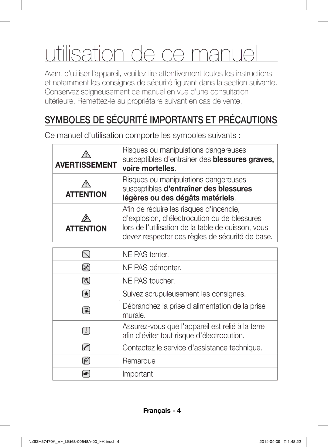 Samsung NZ63H57473K/EF, NZ63H57470K/EF Utilisation de ce manuel, Voire mortelles, Susceptibles dentraîner des blessures 