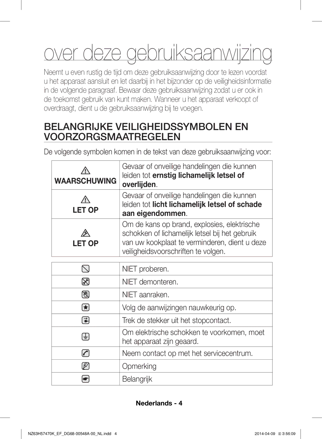 Samsung NZ63H57473K/EF Belangrijke Veiligheidssymbolen EN Voorzorgsmaatregelen, Leiden tot ernstig lichamelijk letsel 