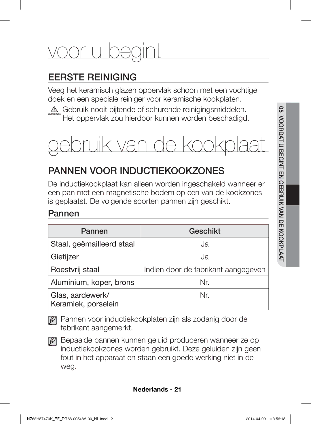 Samsung NZ63H57470K/EF, NZ63H57473K/EF manual Voor u begint, Eerste Reiniging, Pannen Voor Inductiekookzones 