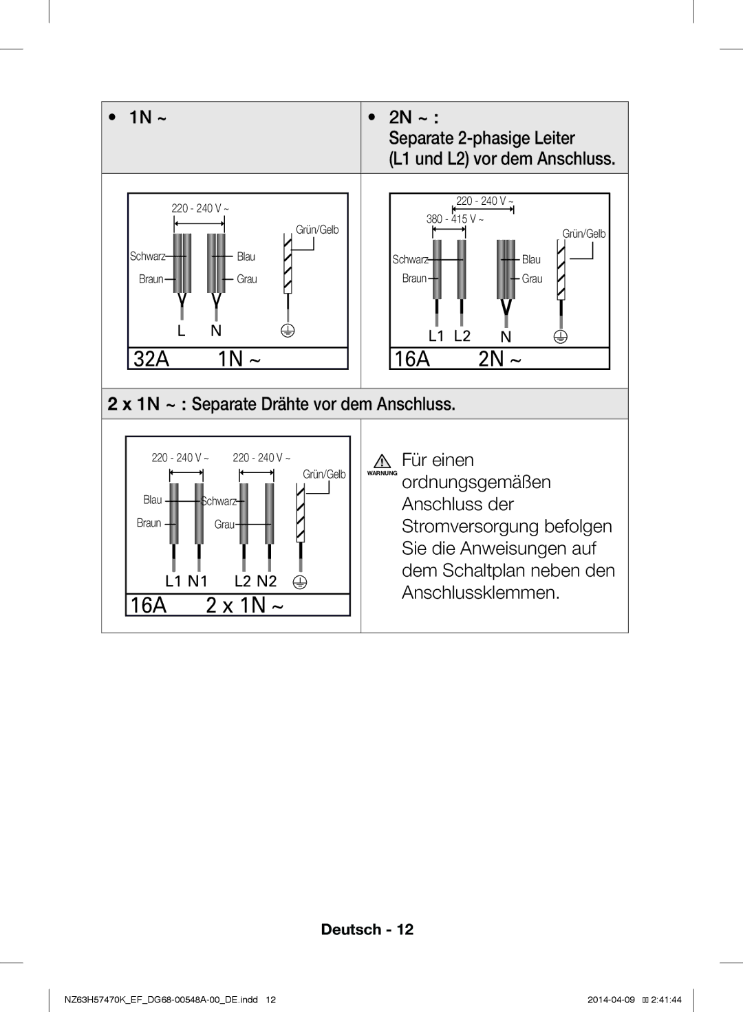 Samsung NZ63H57473K/EF 1N ~ 2N ~ Separate 2-phasige Leiter, Für einen, Ordnungsgemäßen, Anschluss der, Anschlussklemmen 