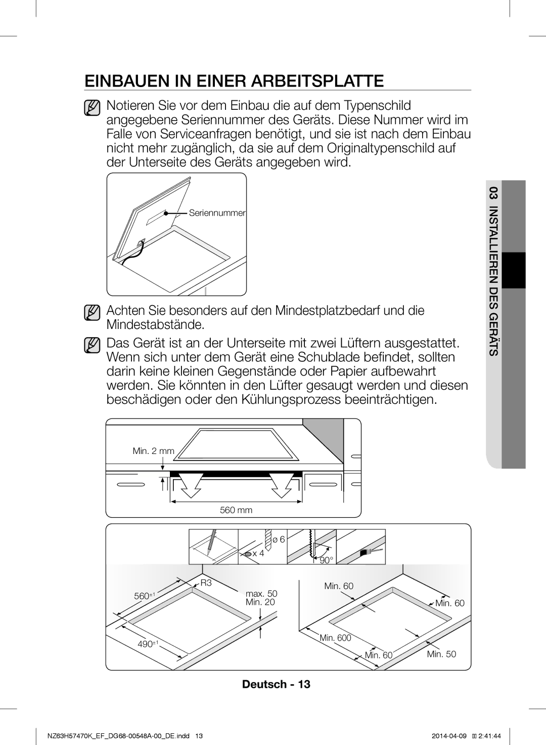 Samsung NZ63H57470K/EF, NZ63H57473K/EF manual Einbauen in Einer Arbeitsplatte 