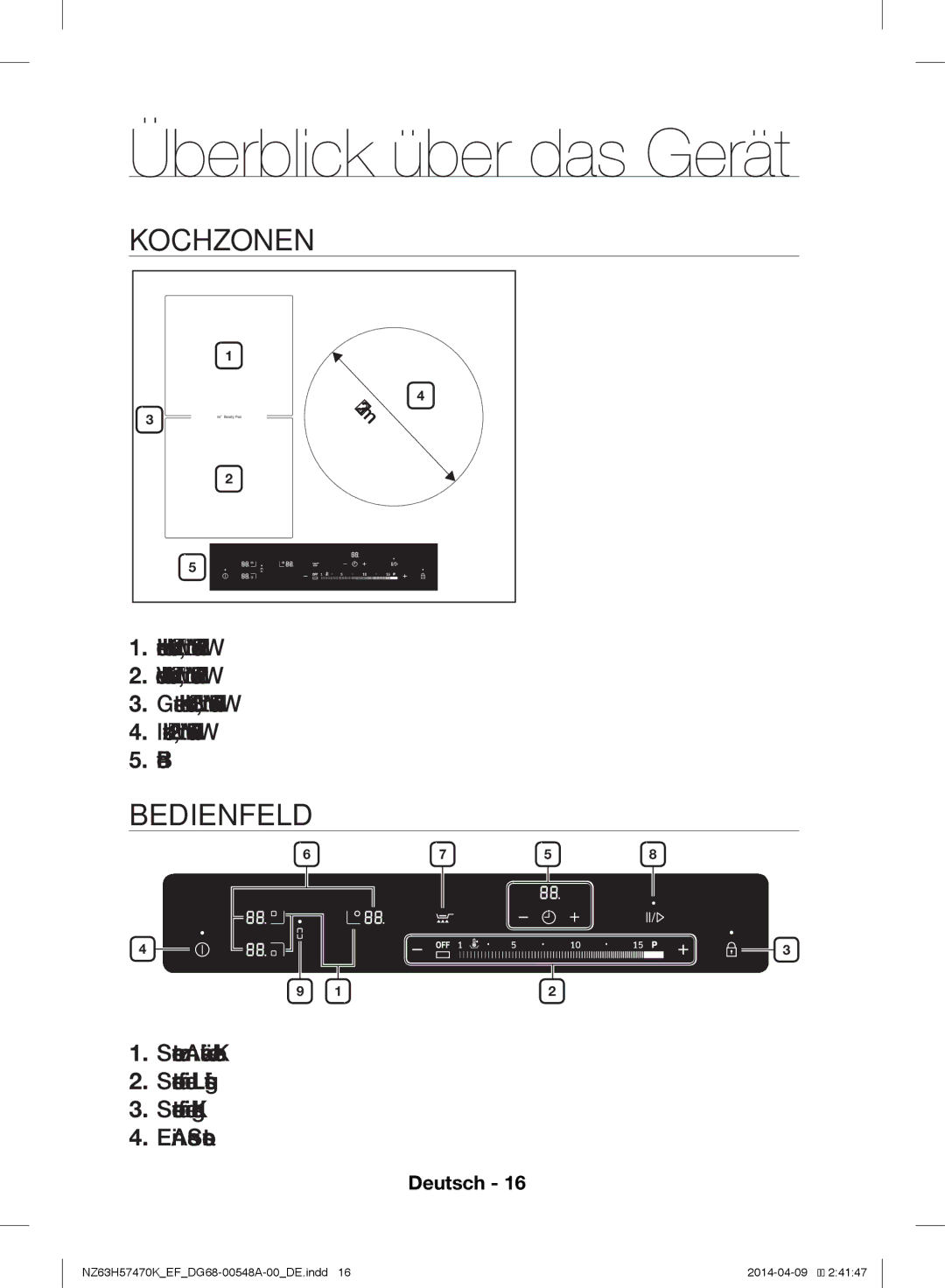 Samsung NZ63H57473K/EF, NZ63H57470K/EF manual Überblick über das Gerät, Kochzonen, Bedienfeld 