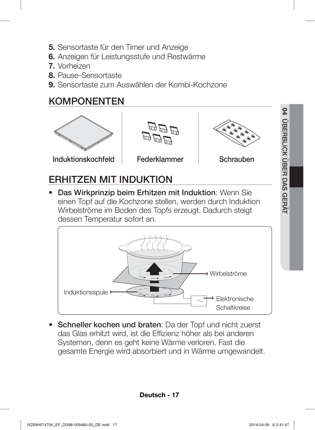 Samsung NZ63H57470K/EF, NZ63H57473K/EF manual Komponenten, Erhitzen MIT Induktion, Induktionskochfeld Federklammer 