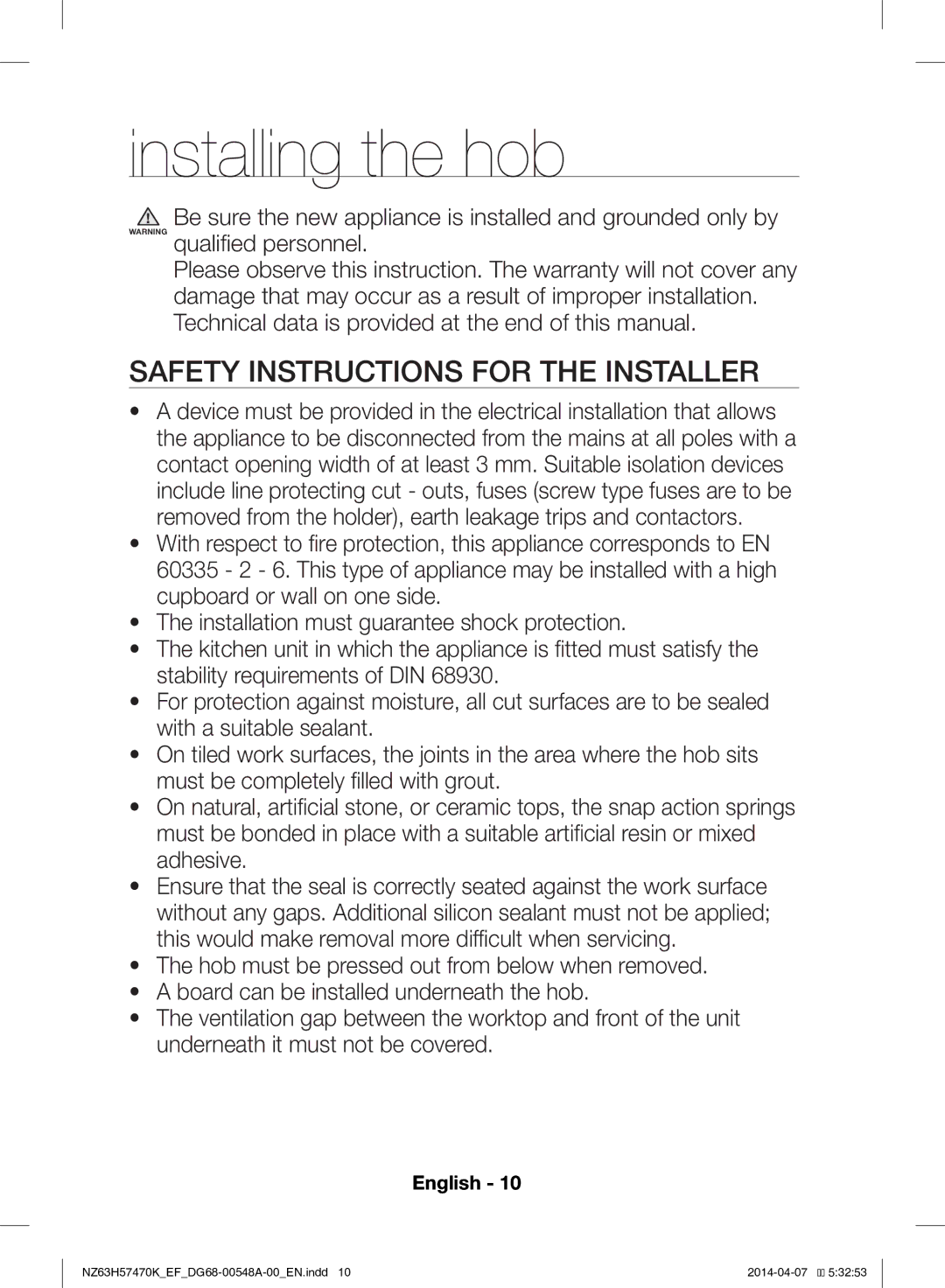 Samsung NZ63H57473K/EF, NZ63H57470K/EF manual Installing the hob, Safety Instructions for the Installer 