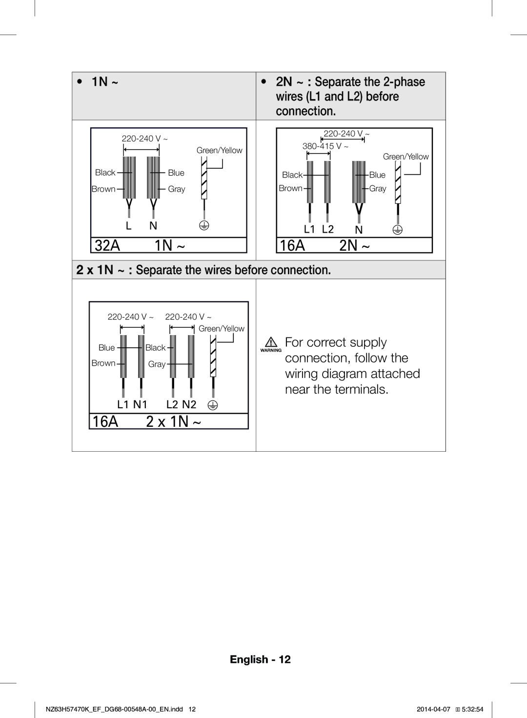 Samsung NZ63H57473K/EF, NZ63H57470K/EF manual 32A 1N ~, 16A 2 x 1N ~ 