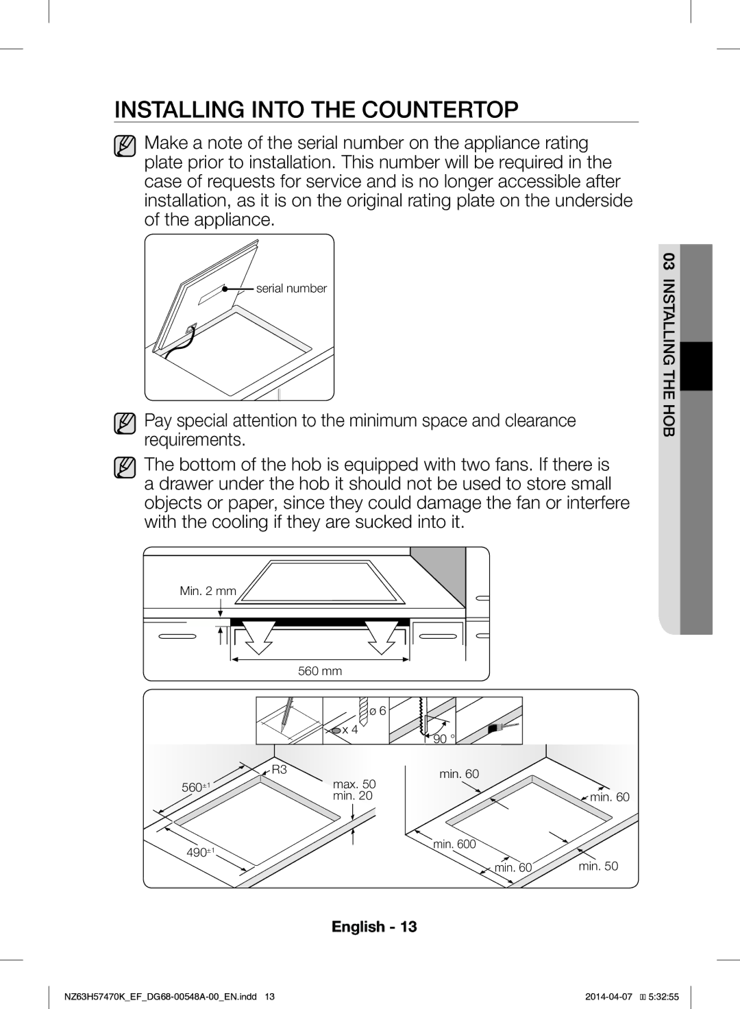 Samsung NZ63H57470K/EF, NZ63H57473K/EF manual Installing Into the Countertop 