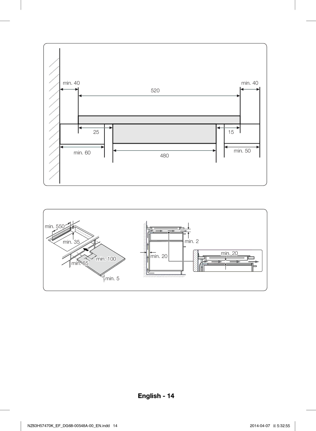 Samsung NZ63H57473K/EF, NZ63H57470K/EF manual Min 520 480 