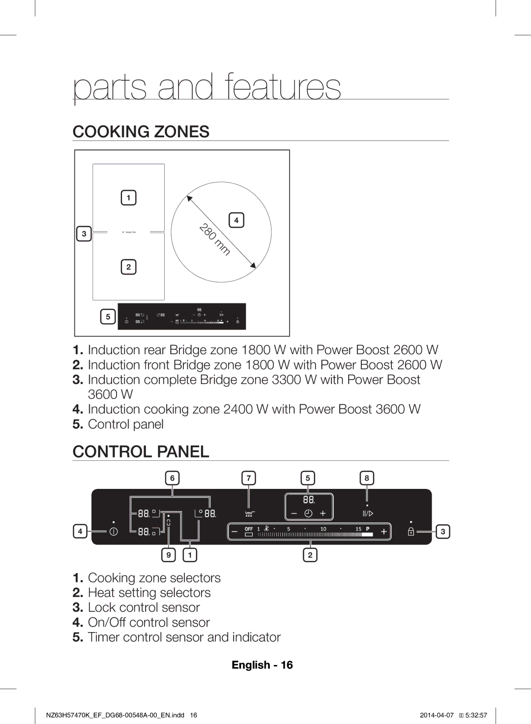 Samsung NZ63H57473K/EF, NZ63H57470K/EF manual Parts and features, Cooking Zones, Control Panel 