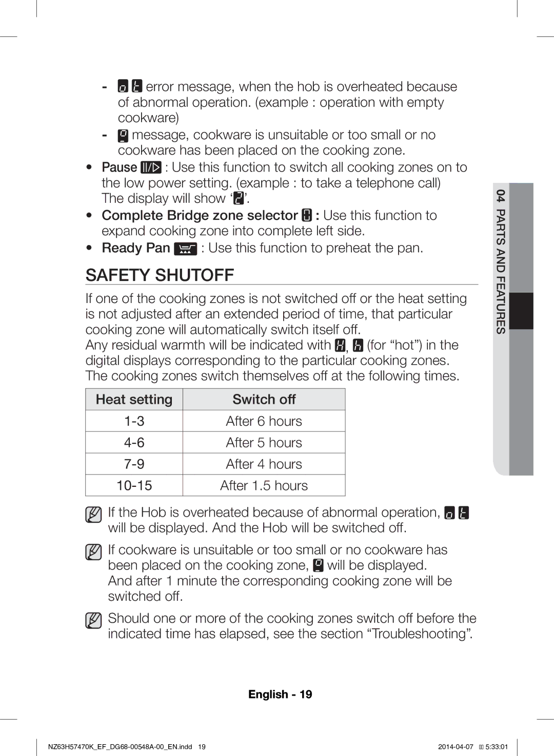 Samsung NZ63H57470K/EF, NZ63H57473K/EF manual Safety Shutoff 