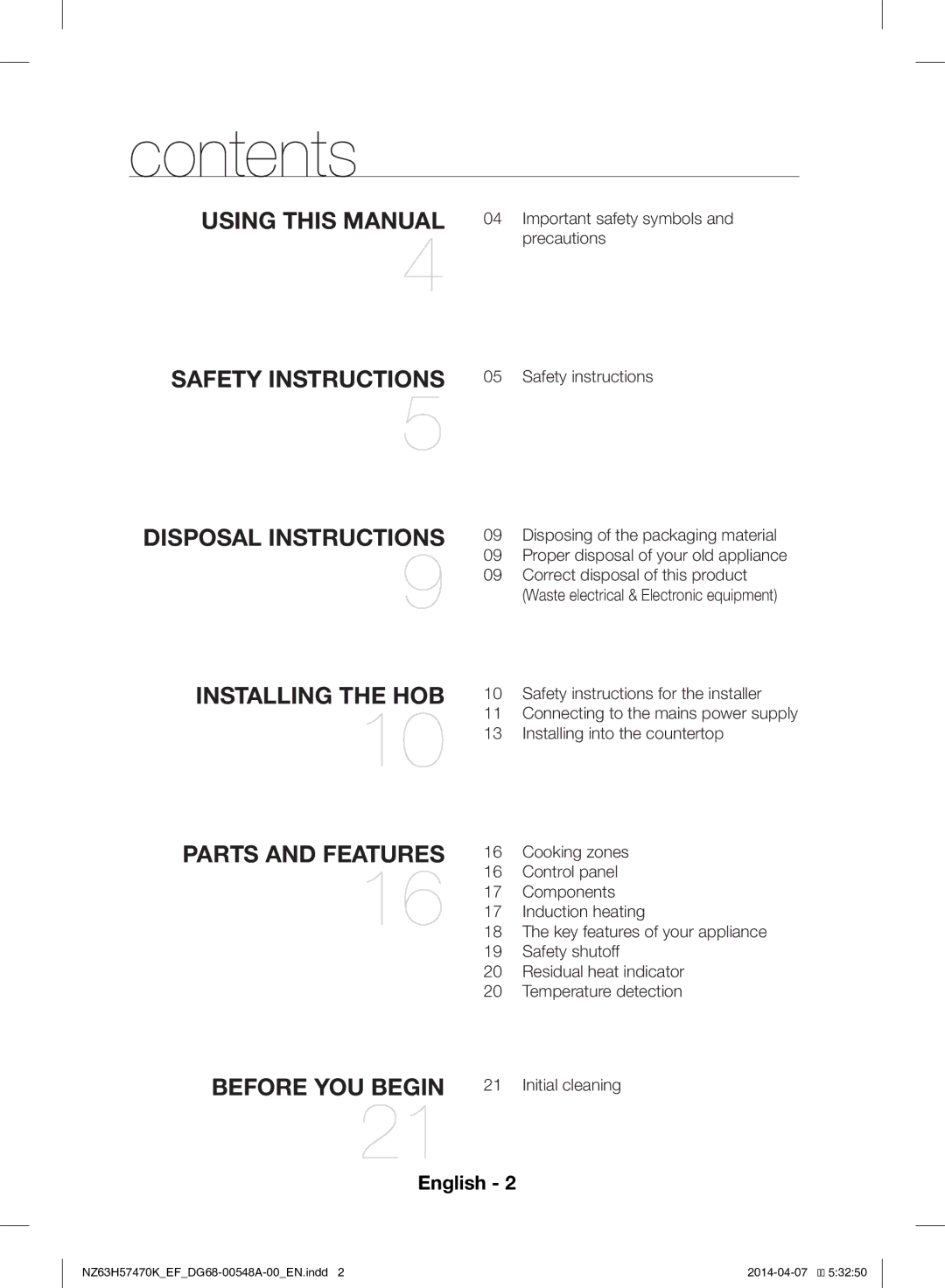 Samsung NZ63H57473K/EF, NZ63H57470K/EF manual Contents 