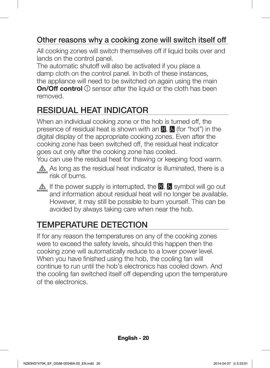 Samsung NZ63H57473K/EF, NZ63H57470K/EF manual Residual Heat Indicator, Temperature Detection 