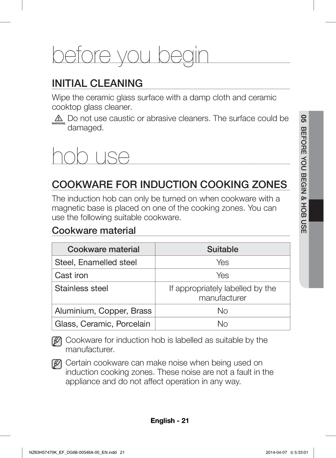 Samsung NZ63H57470K/EF, NZ63H57473K/EF Before you begin, Hob use, Initial Cleaning, Cookware for Induction Cooking Zones 