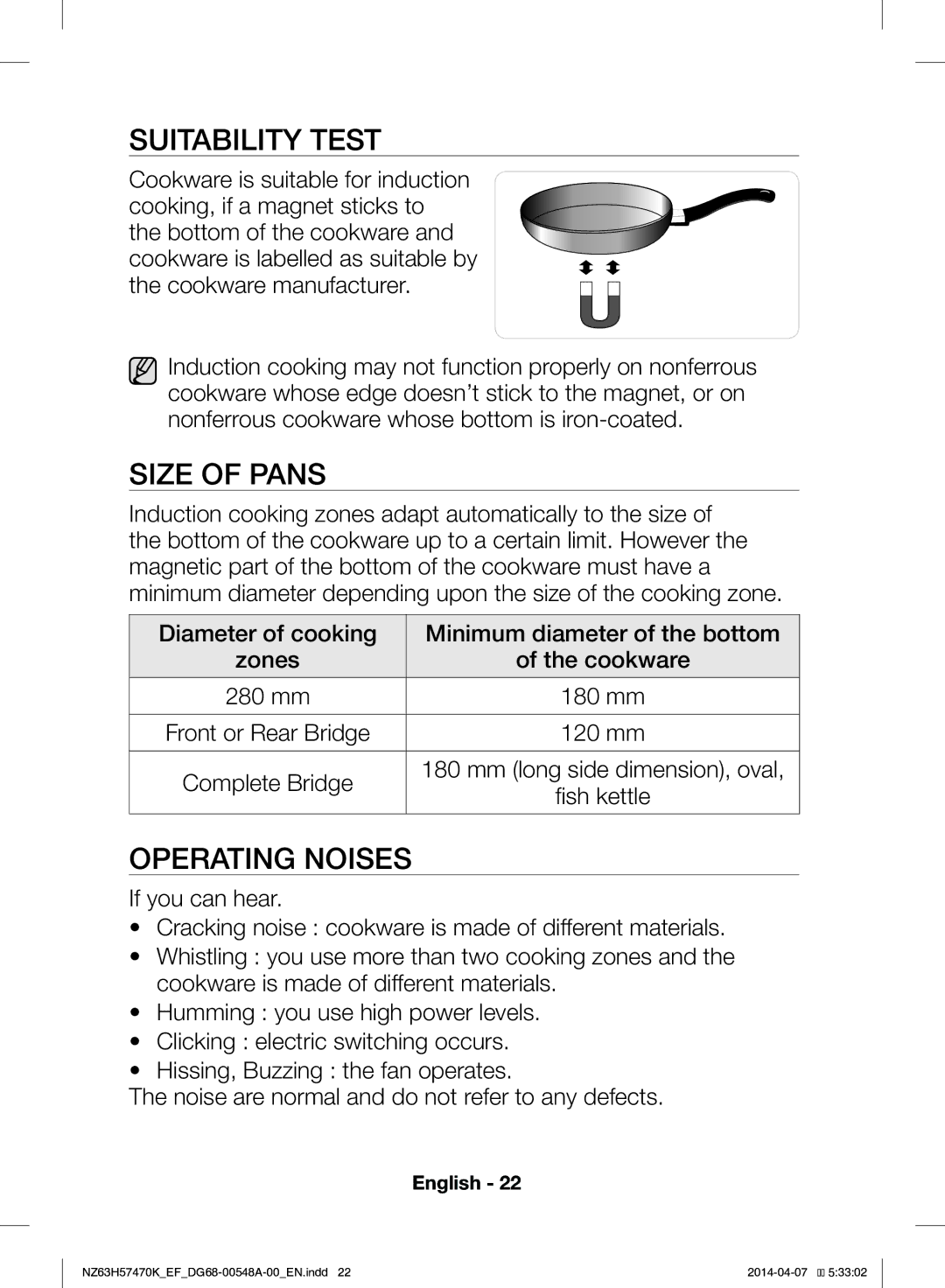 Samsung NZ63H57473K/EF, NZ63H57470K/EF manual Suitability Test, Size of Pans, Operating Noises 