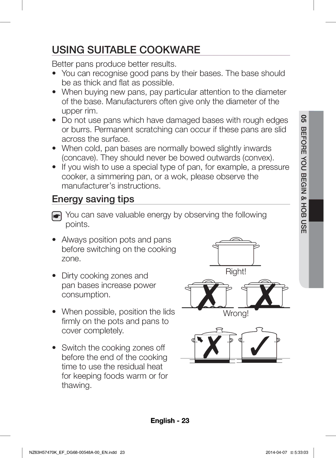 Samsung NZ63H57470K/EF, NZ63H57473K/EF manual Using Suitable Cookware, Energy saving tips 