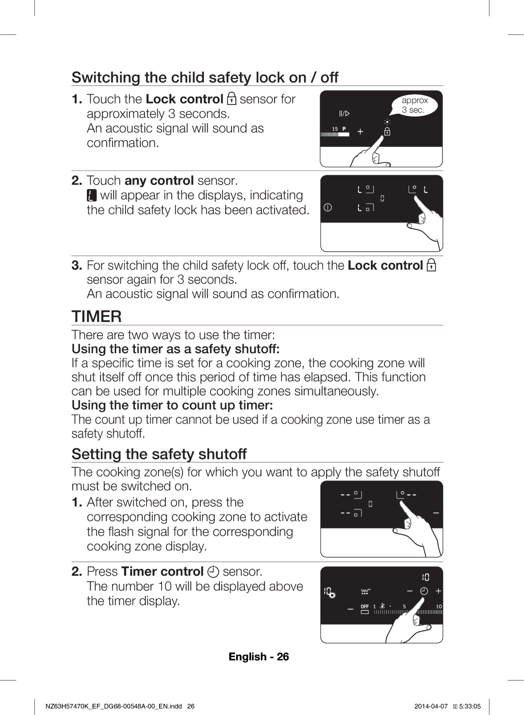 Samsung NZ63H57473K/EF, NZ63H57470K/EF manual Timer, Switching the child safety lock on / off, Setting the safety shutoff 