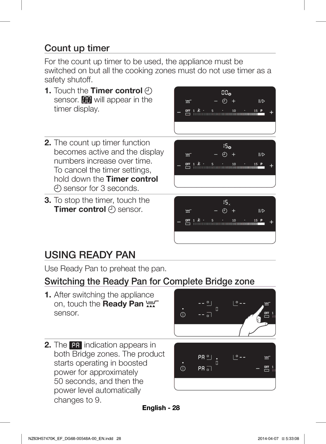 Samsung NZ63H57473K/EF, NZ63H57470K/EF Using Ready PAN, Count up timer, Switching the Ready Pan for Complete Bridge zone 