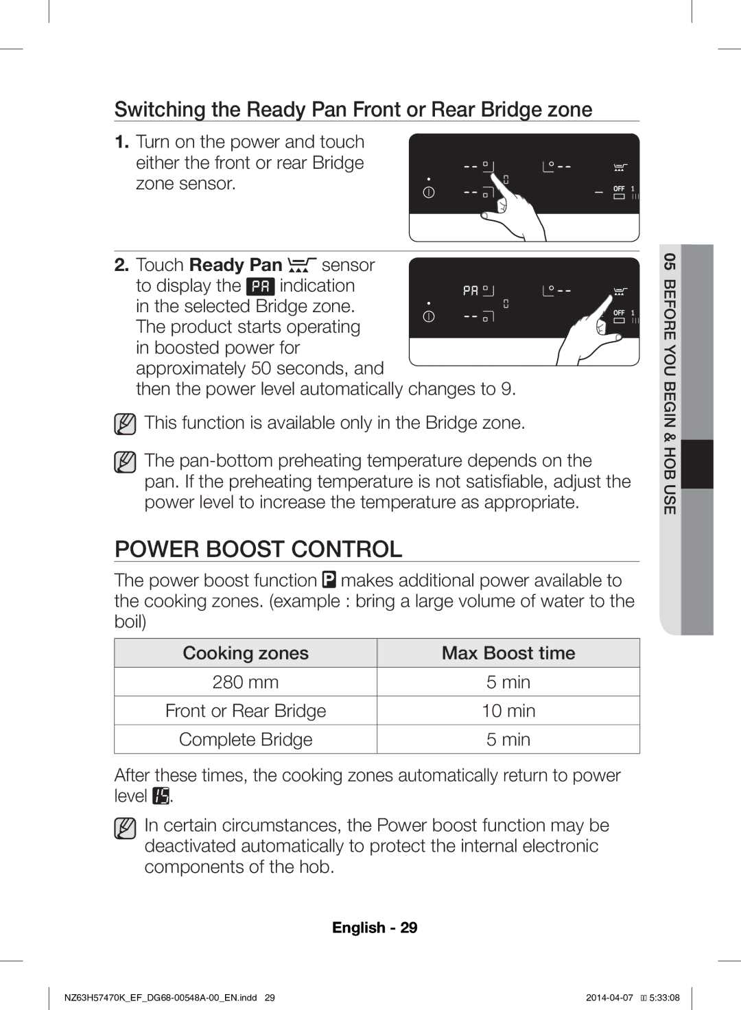 Samsung NZ63H57470K/EF, NZ63H57473K/EF manual Power Boost Control, Switching the Ready Pan Front or Rear Bridge zone 