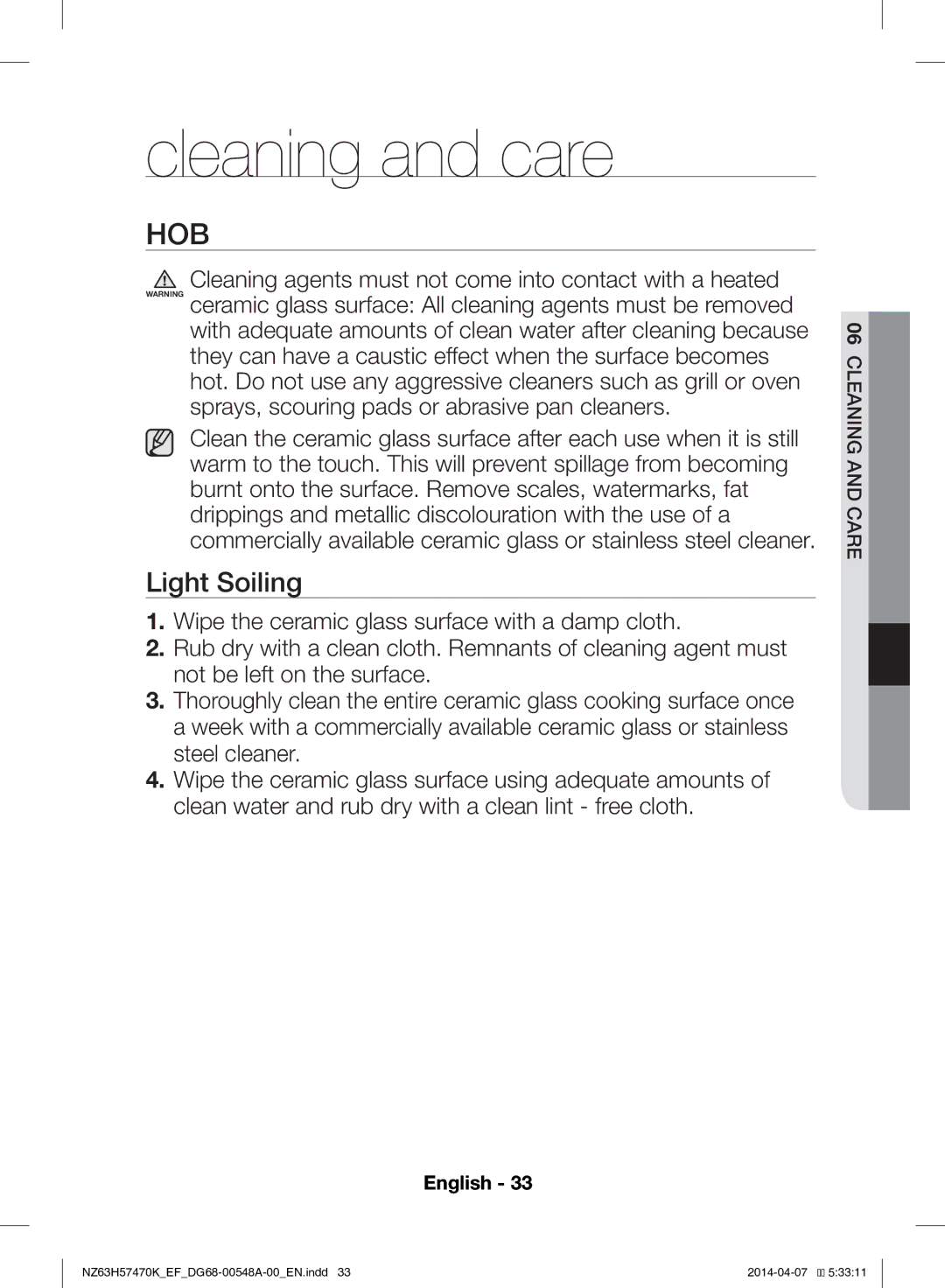 Samsung NZ63H57470K/EF, NZ63H57473K/EF manual Cleaning and care, Hob, Light Soiling 