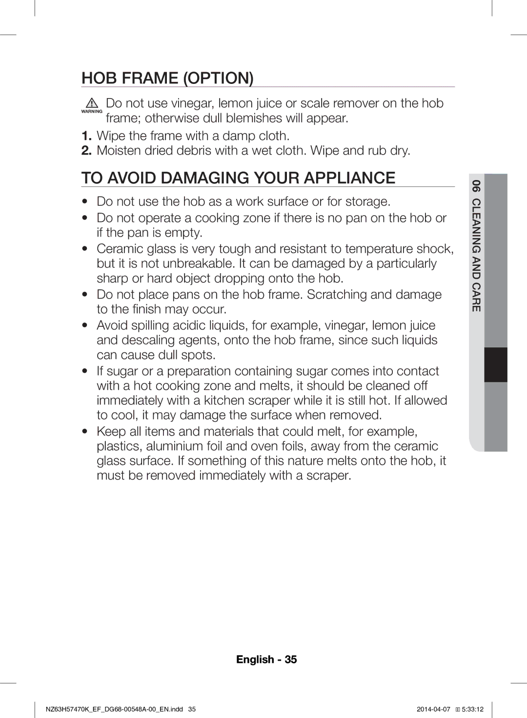 Samsung NZ63H57470K/EF, NZ63H57473K/EF manual HOB Frame Option, To Avoid Damaging Your Appliance 