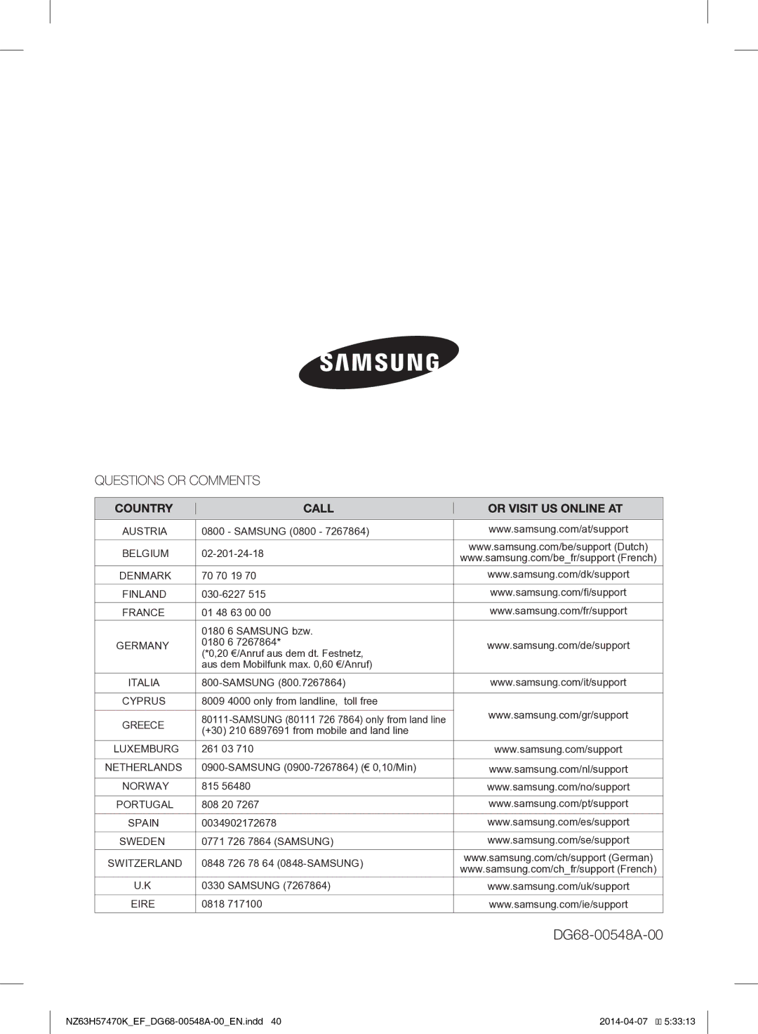 Samsung NZ63H57473K/EF, NZ63H57470K/EF manual DG68-00548A-00 