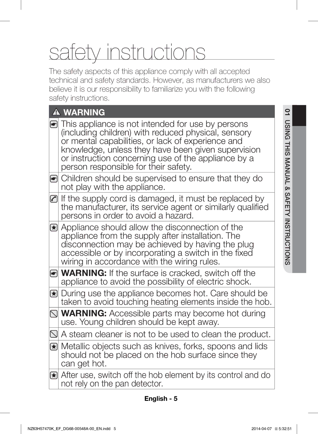 Samsung NZ63H57470K/EF, NZ63H57473K/EF manual Safety instructions 